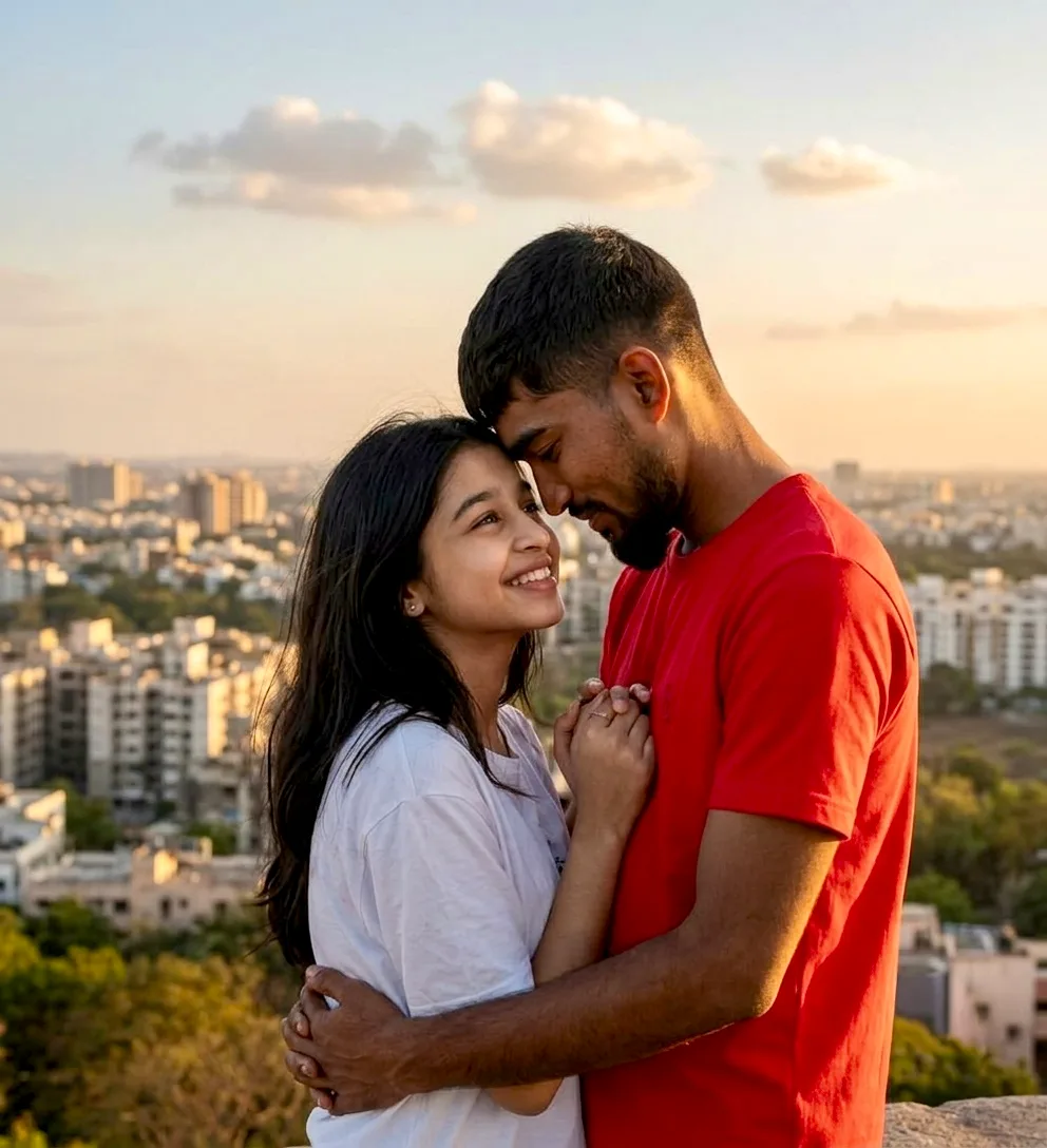 Candid Golden Hour Outdoor Portrait of Young Couple in Park and Overlook