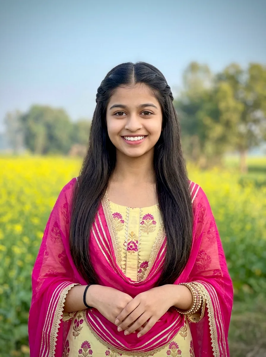 Radiant Punjabi Suit Countryside Ethnic Portrait, Charming Golden Mustard Fields Ethnic Aesthetic, Graceful Hot Pink Dup