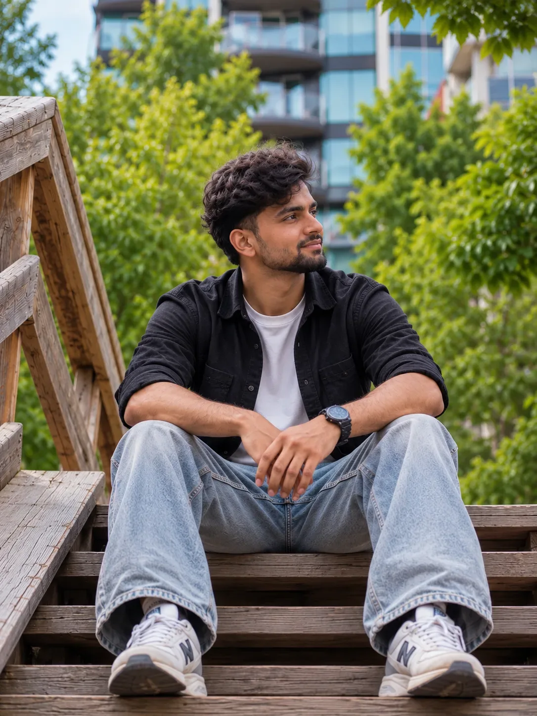 Casual Outdoor Male Streetwear Portrait Sitting on Wooden Steps Prompt