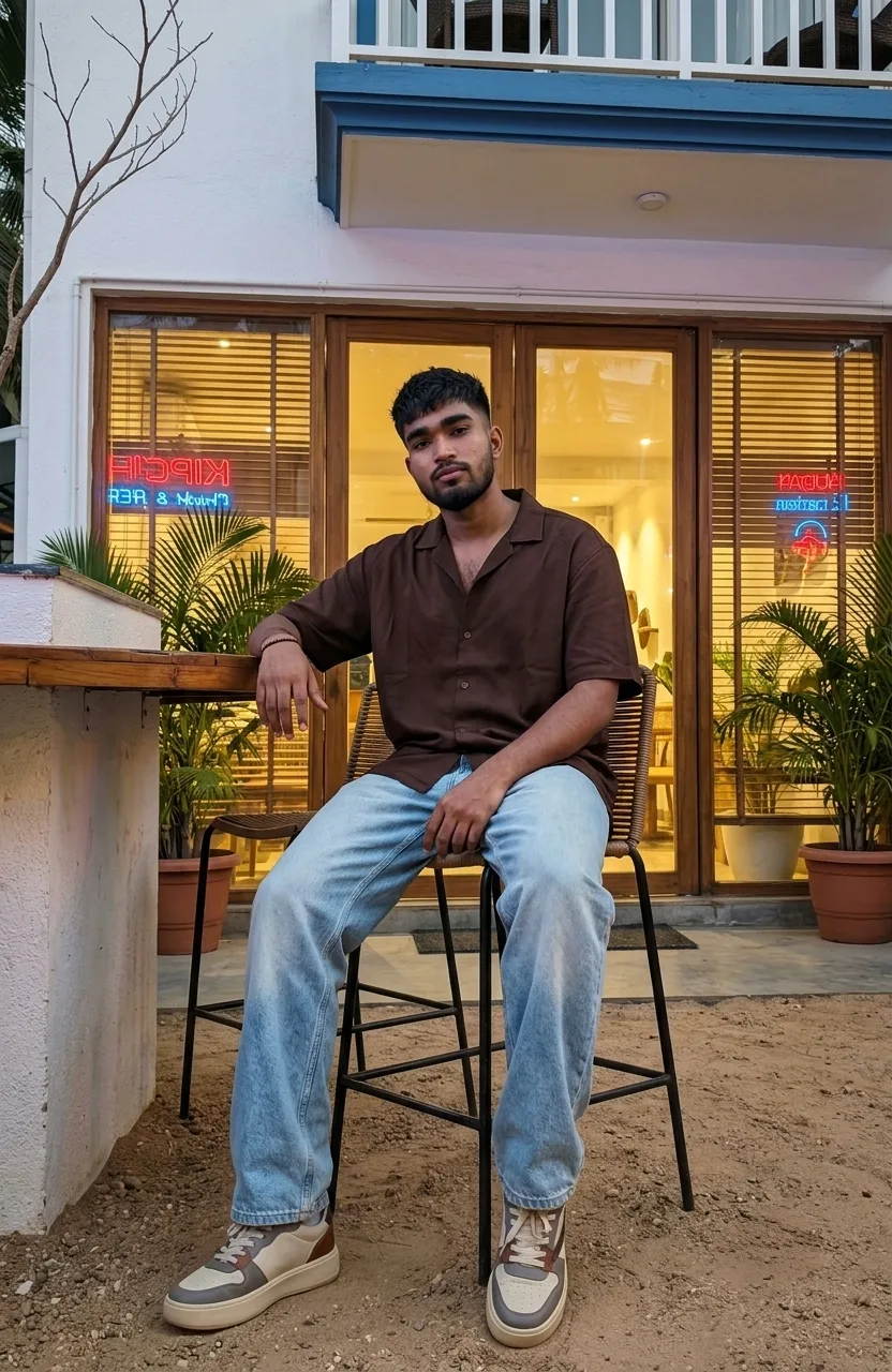 Outdoor Beachside Cafe Male Portrait Seated on High Barstool in Brown Cuban Shirt Prompt