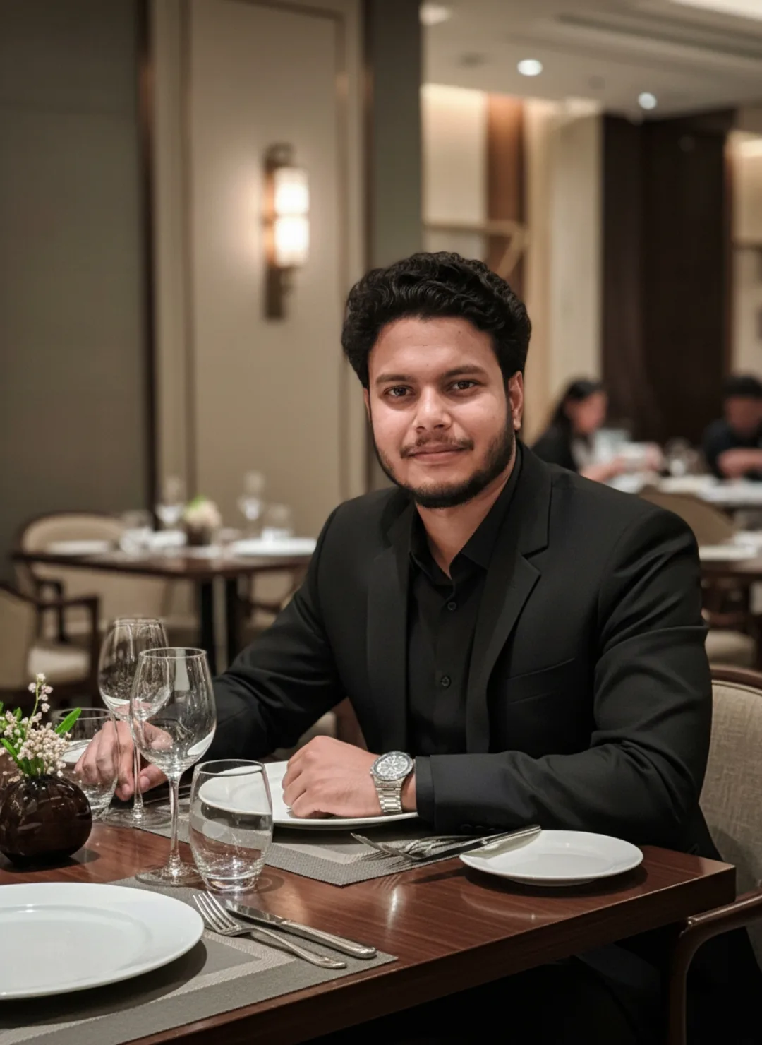 Elegant Young Man in Black Suit at Fine Dining Restaurant