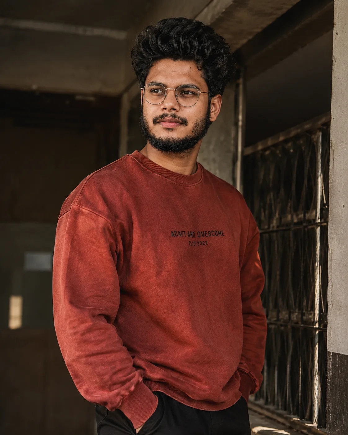 Confident Young Man in Rust Sweatshirt – Urban Portrait