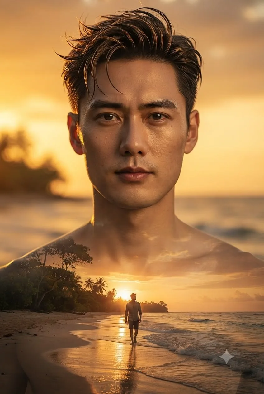 Double exposure portrait of a man blended with a tropical beach sunset and silhouette walking by the shore