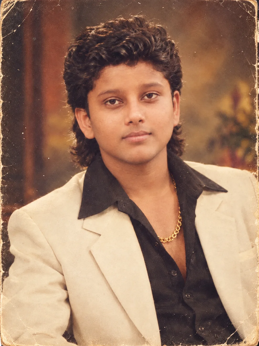 Authentic 1980s vintage Indian studio portrait of the same man, preserving his exact facial features, identity, face sha