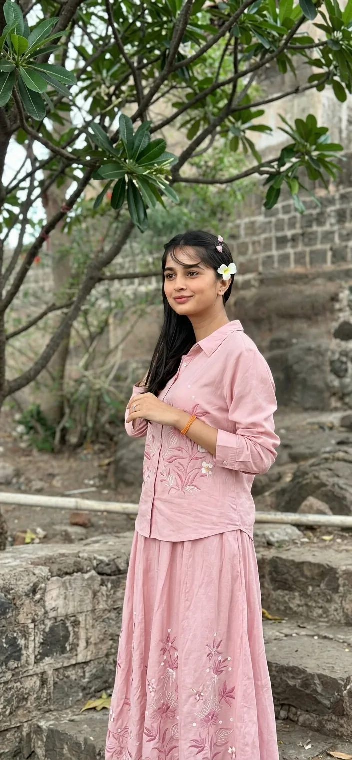 Candid Outdoor Portrait of Young Woman in Embroidered Pastel Pink Ensemble