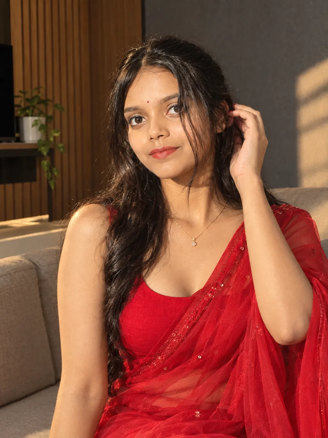 Of a young smiling south asian woman touching her short dark hair