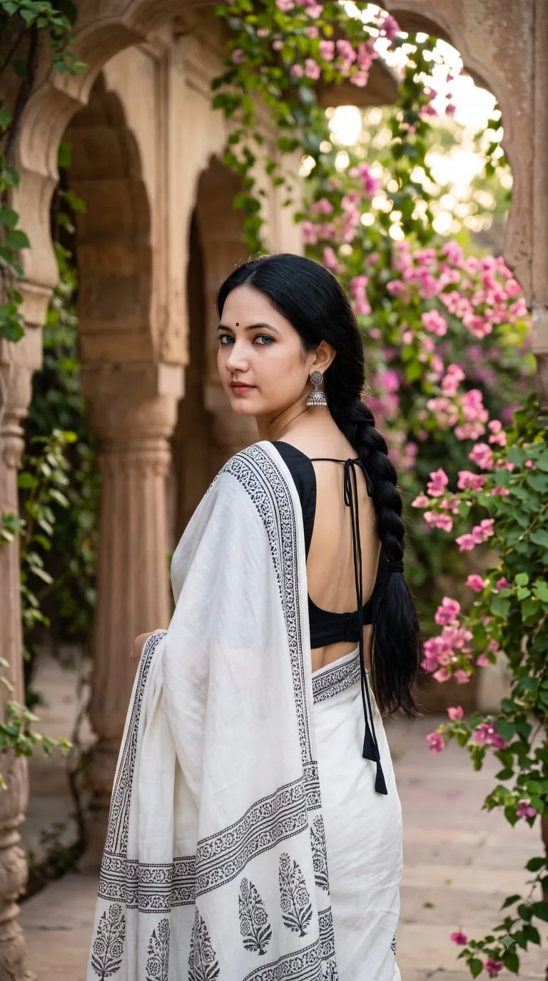 Elegant White Sari Portrait in a Floral Mughal Courtyard