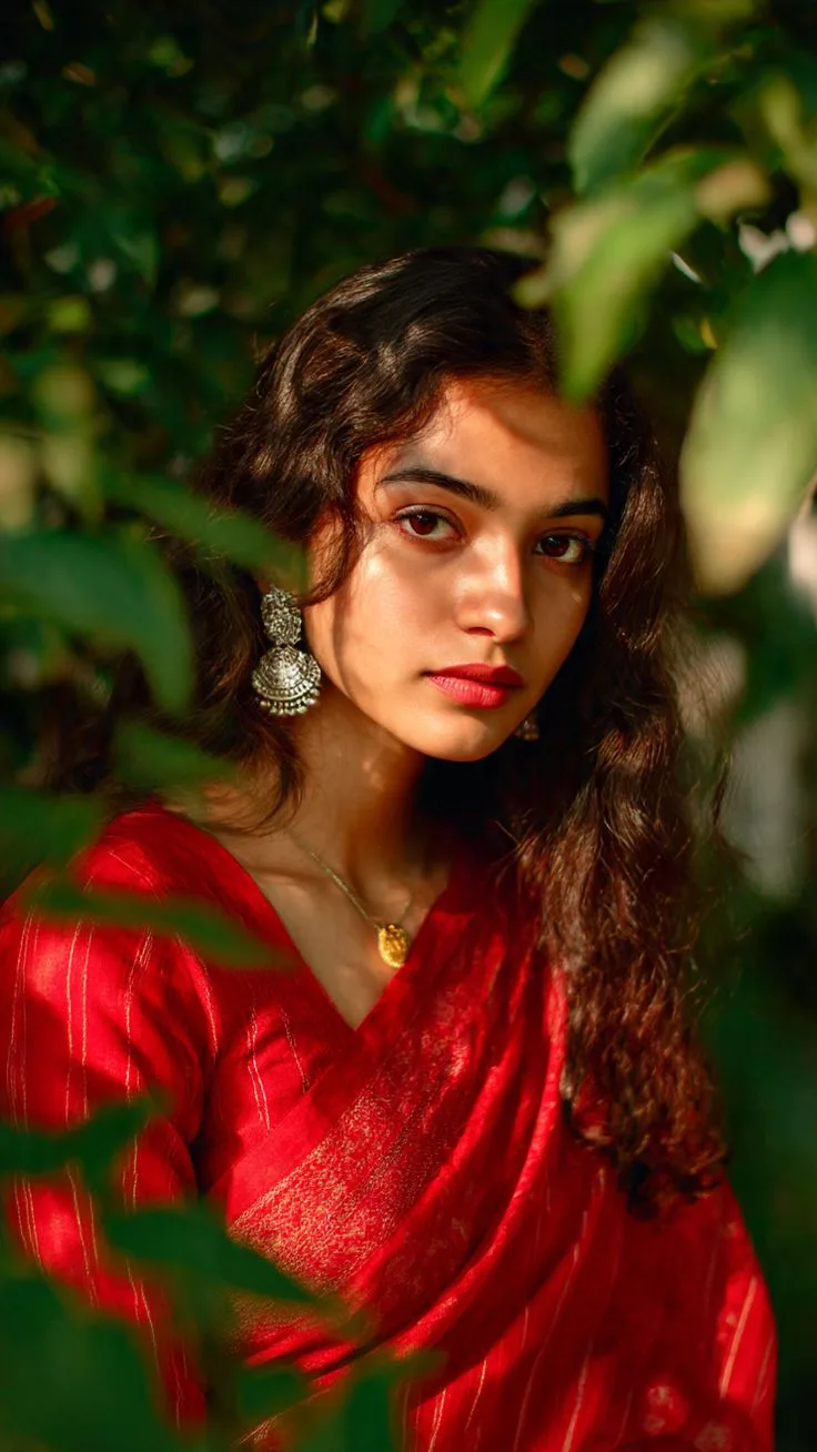 Red Saree Garden Portrait 🌹🌿