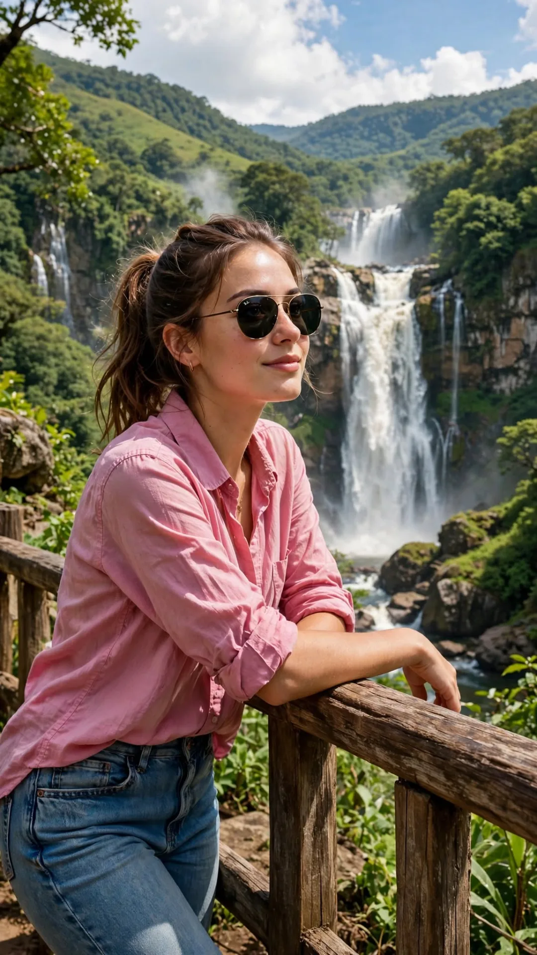 Waterfall Travel Portrait - Pink Shirt Man with Sunglasses