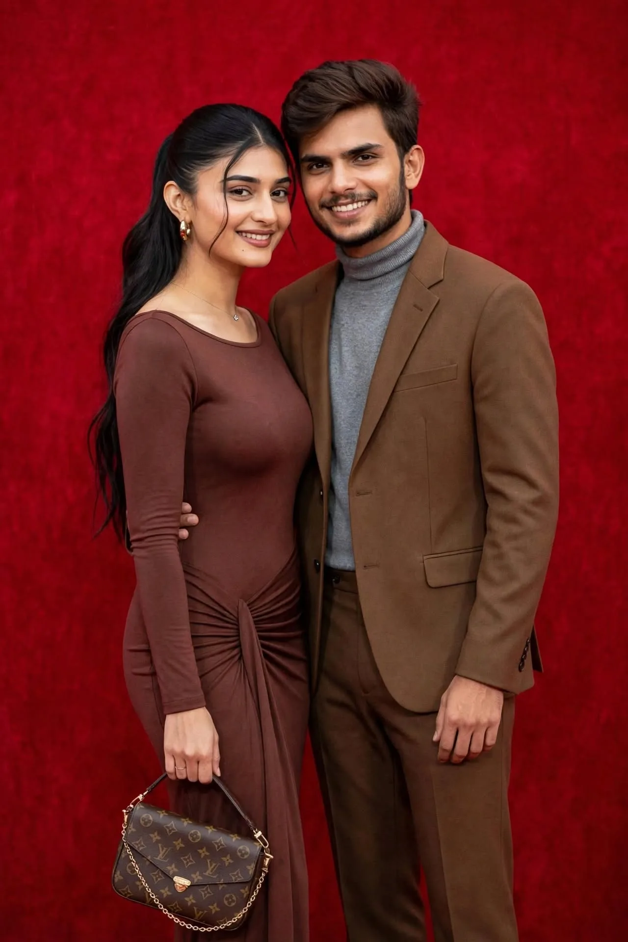 Elegant Couple on Red Velvet - Brown Coordinated Outfit