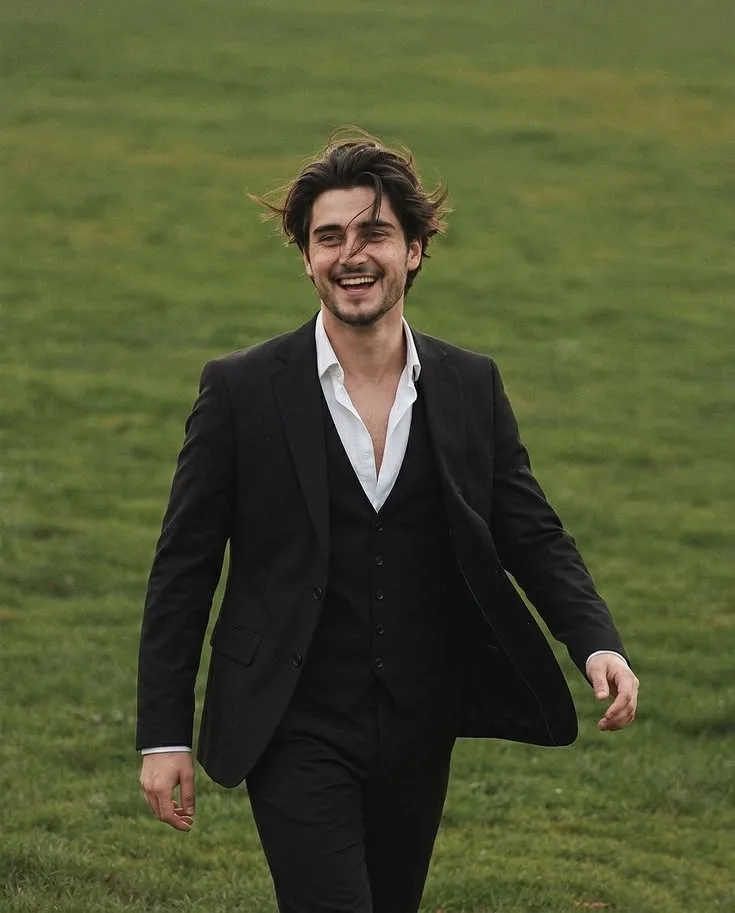Handsome young man, laughing joyfully, wind-blown hair