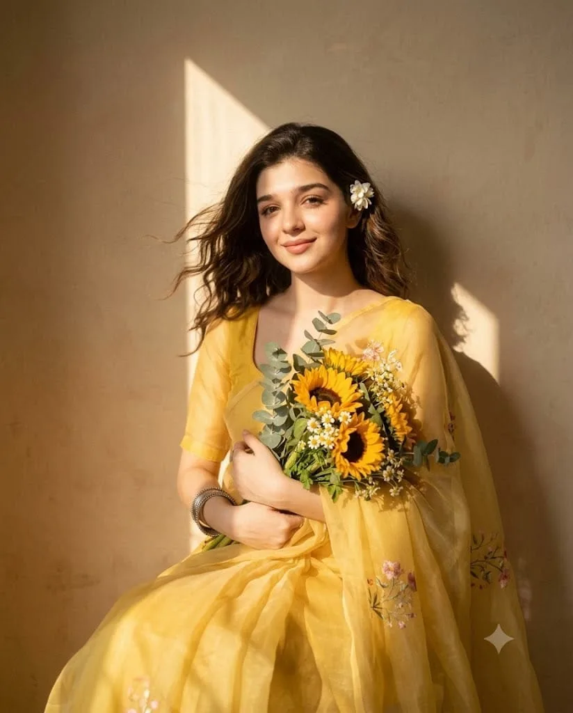 Elegant Woman in Yellow Saree Holding Sunflowers