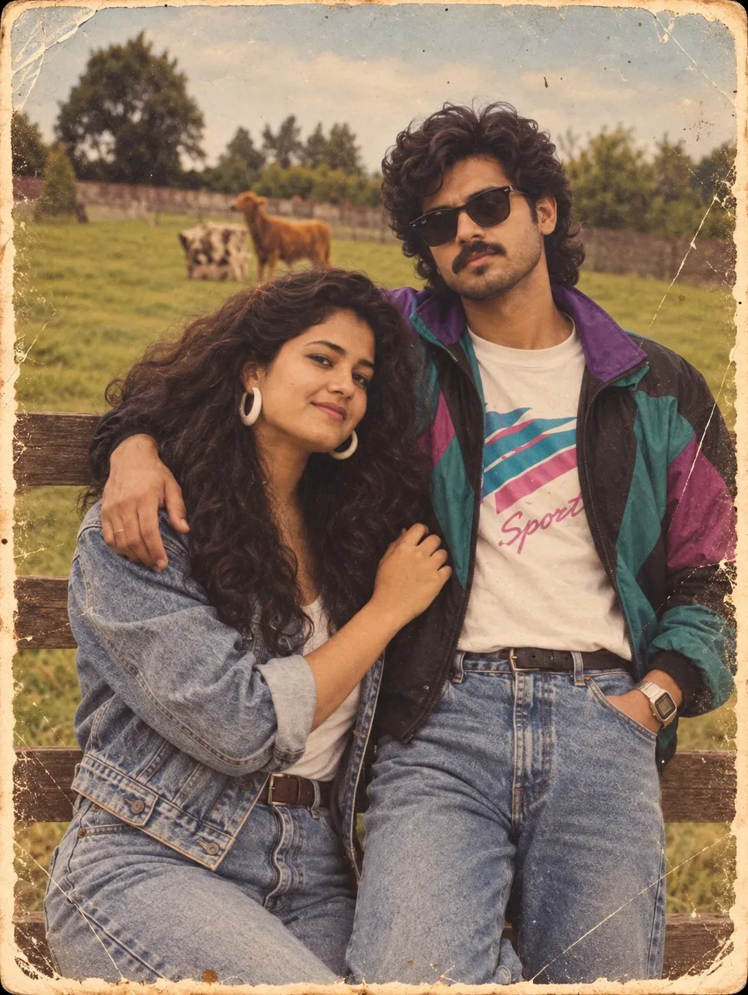 Vintage 1980s Retro Couple Portrait Leaning on Wooden Countryside Fence Prompt