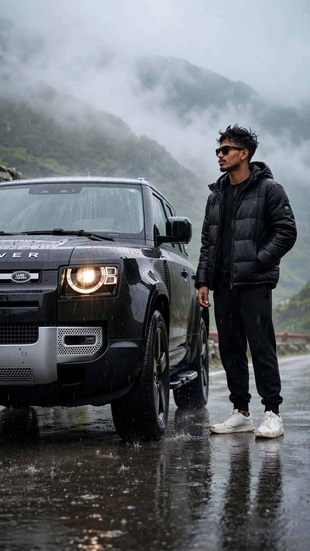 Black Defender Monsoon Look - Rainy Mountain Road 8K Same Face`