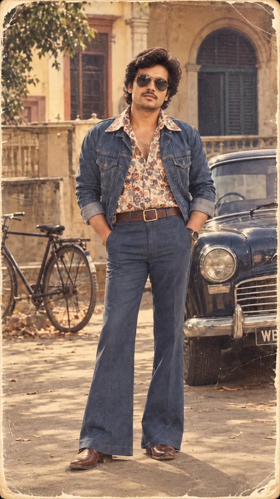 Vintage 1970s Retro Bollywood Male Portrait in Bell-Bottom Jeans & Floral Shirt Prompt