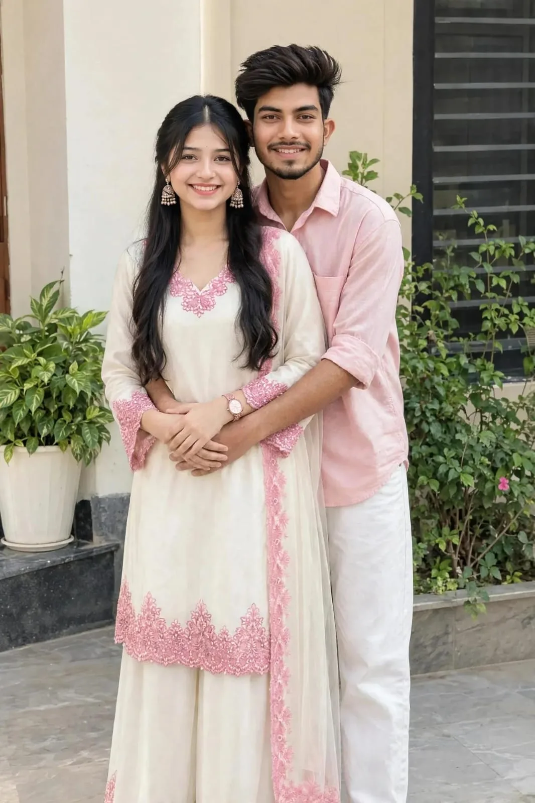 Smiling Young Couple Posing Together in Matching Ethnic Outfits