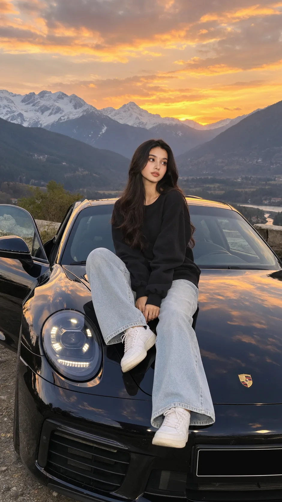 Ultra-realistic cinematic travel photograph of a young South Asian woman sitting