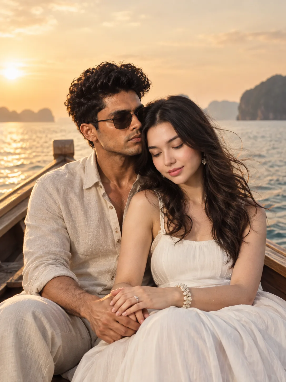 Photorealistic vertical portrait of an intimate couple seated in the bow of a wooden boat