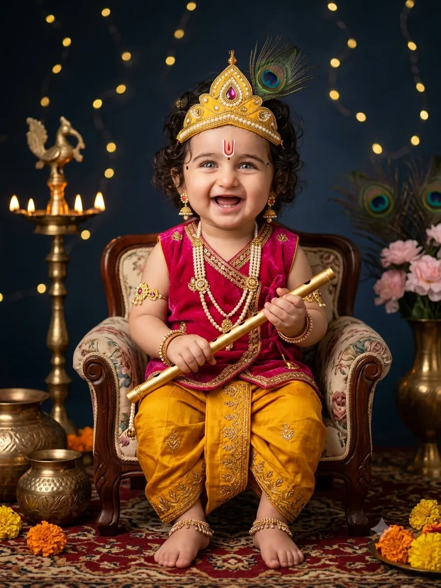 Joyful Baby Krishna Studio Portrait Seated on Armchair with Golden Flute Prompt