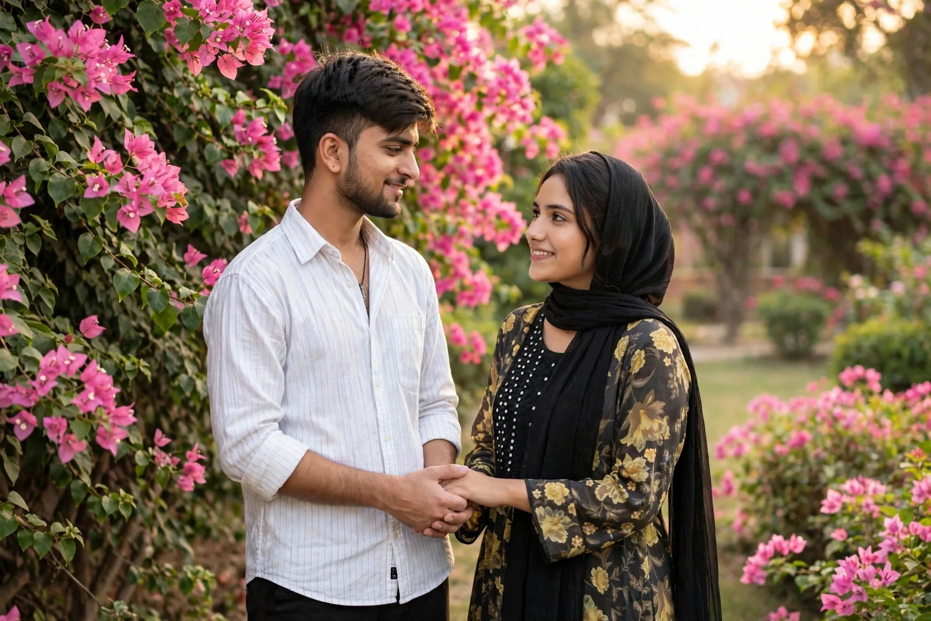 Romantic Pakistani Couple in Pink Flower Garden