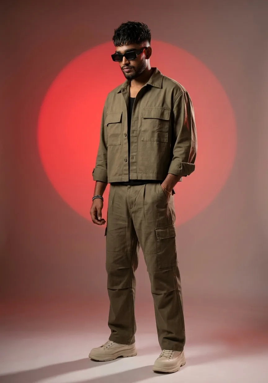 Full-Length Studio Male Portrait in Olive Cargo Co-Ord with Crimson Spotlight Prompt