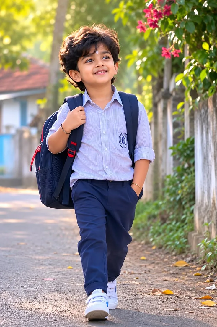 Cheerful School Boy Walking Portrait in Uniform with Backpack Prompt
