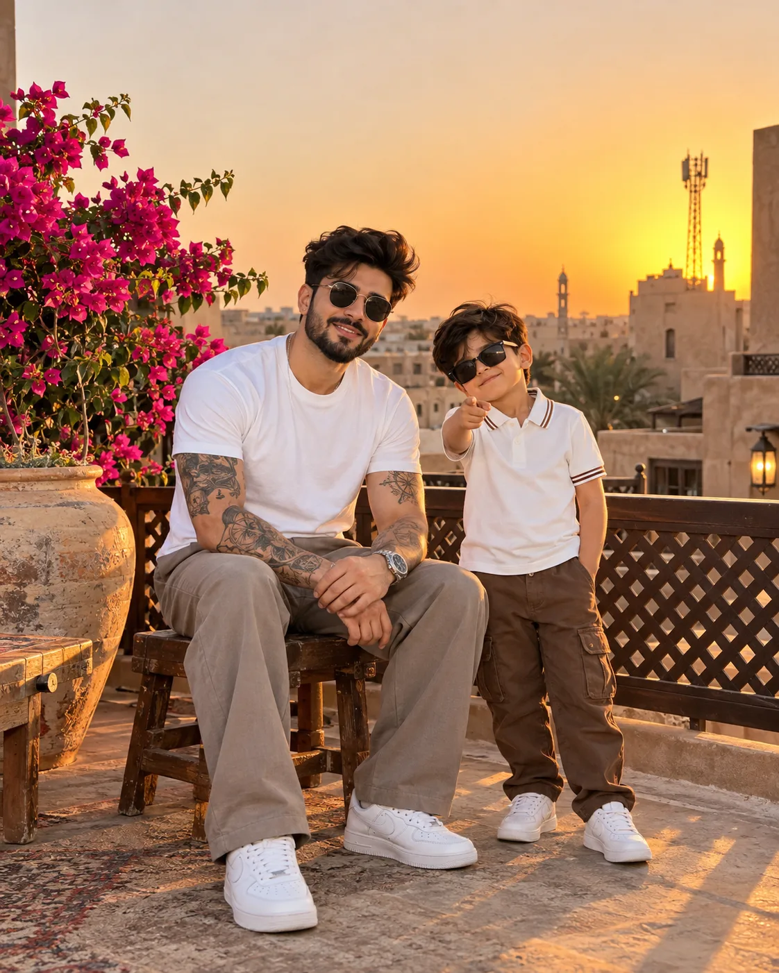 Ultra realistic cinematic portrait of a father and son duo