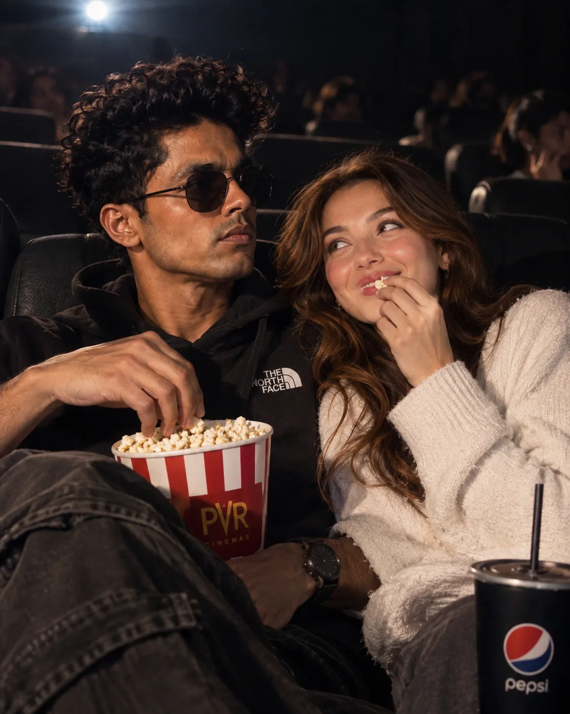Ultra realistic cinematic photograph of a young couple enjoying a movie
