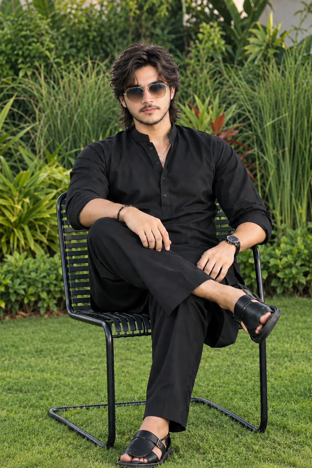 Black Kurta Garden Portrait — Timeless Elegance