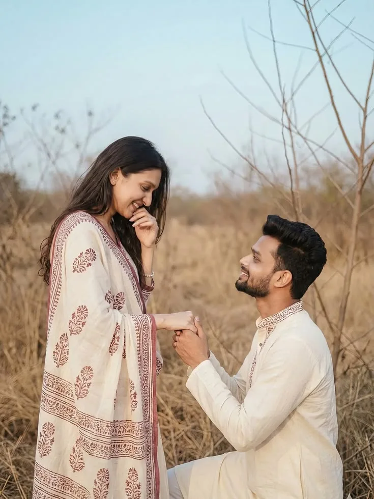 Candid Outdoor Pre-Wedding Portrait of Young Indian Couple in Dry Grassland