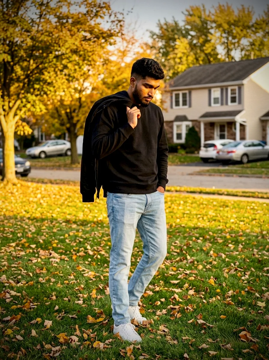 Golden Hour Autumn Lawn Male Portrait in Black Sweatshirt & Light Denim Prompt