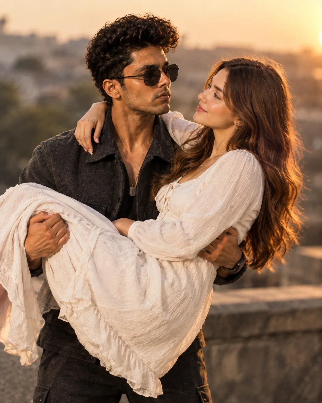 Create an ultra realistic cinematic golden hour couple