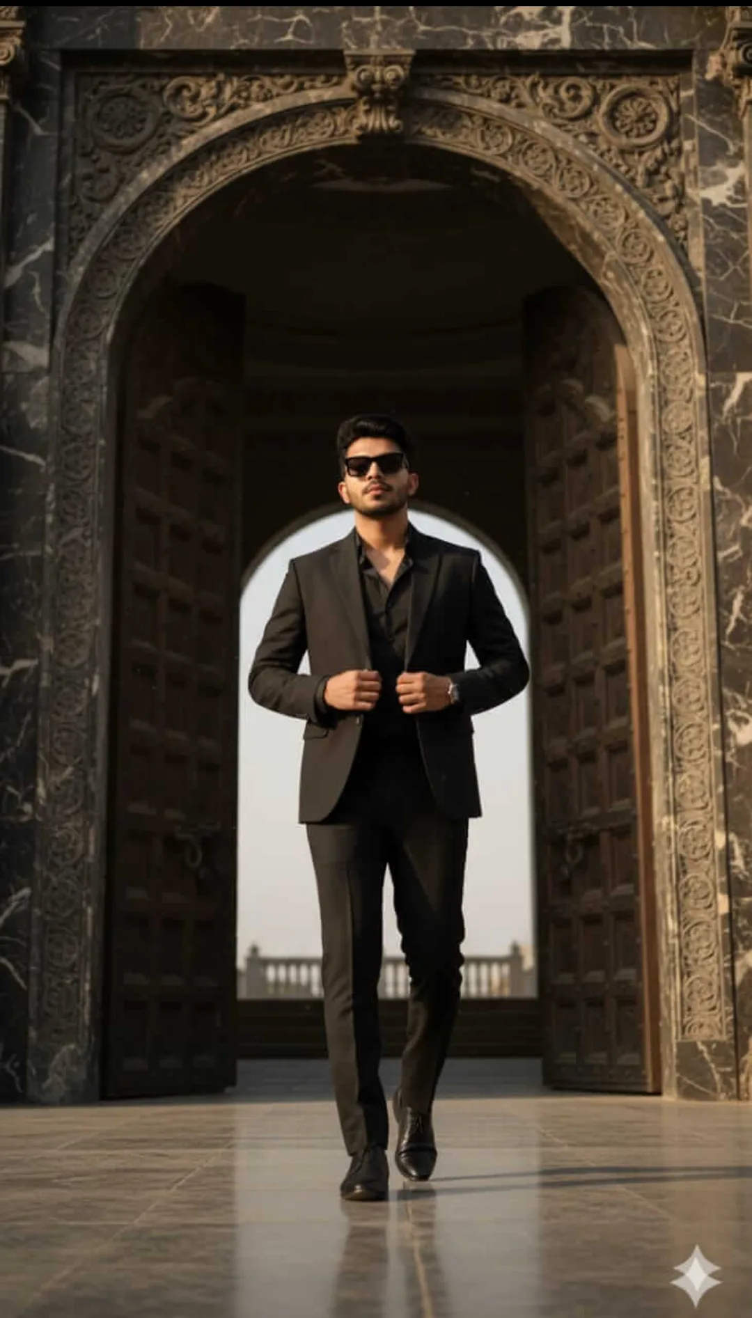 Photorealistic low-angle full-body portrait of stylish man in black suit walking through ornate marble gate