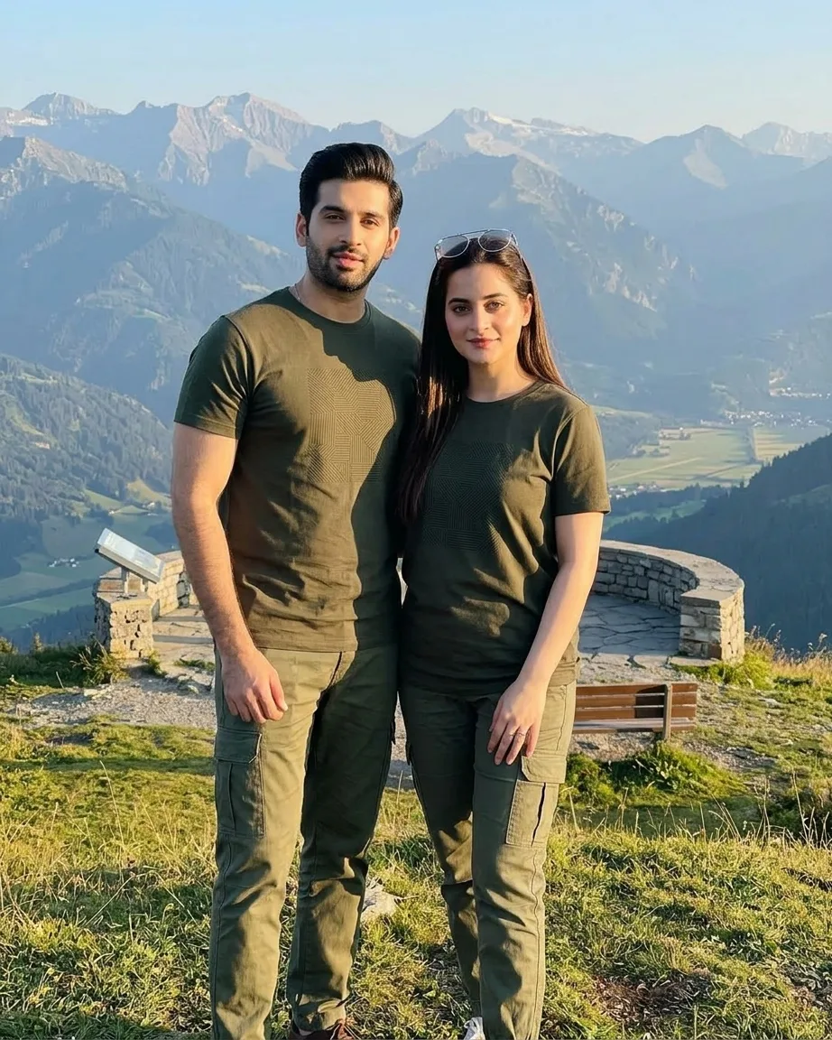 Mountain Couple in Olive Green T-shirt and Cargos