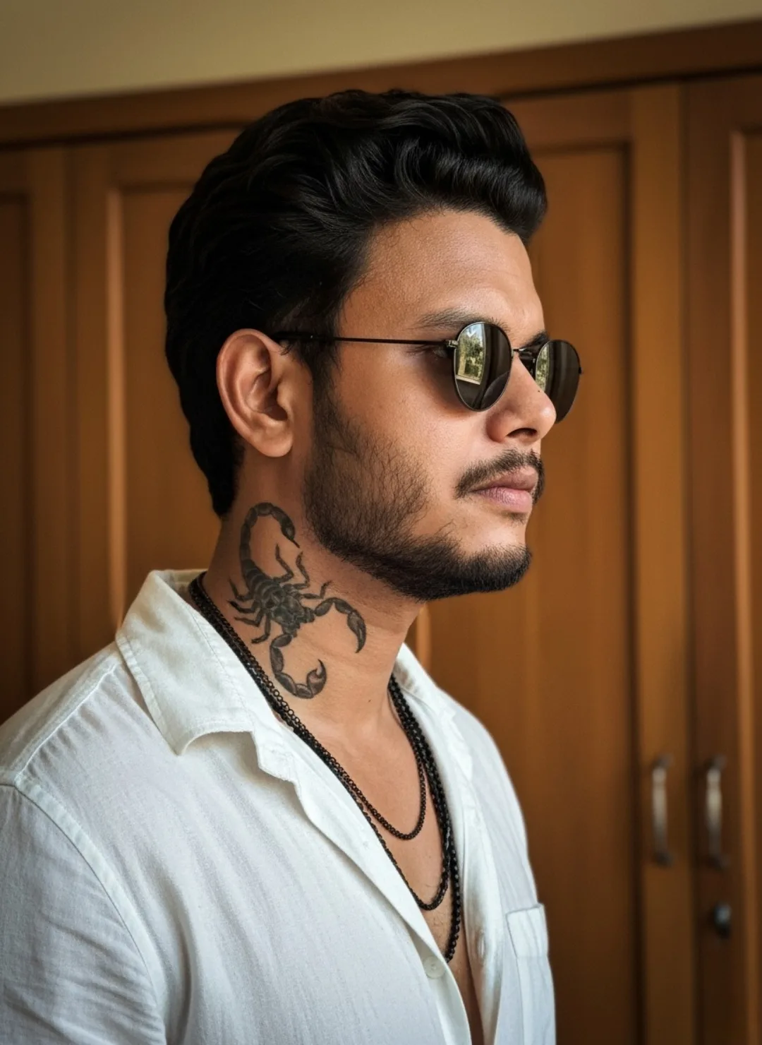Stylish Profile Portrait – Man with Scorpion Neck Tattoo