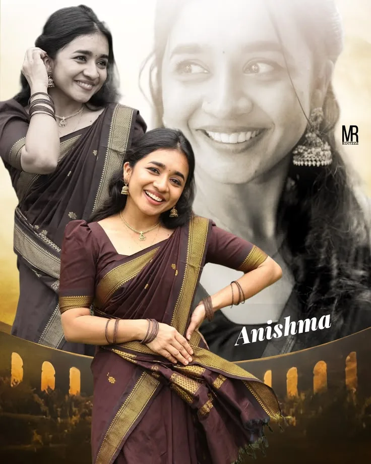 Traditional South Indian Female Portrait Collage in Chocolate Brown Silk Saree Prompt