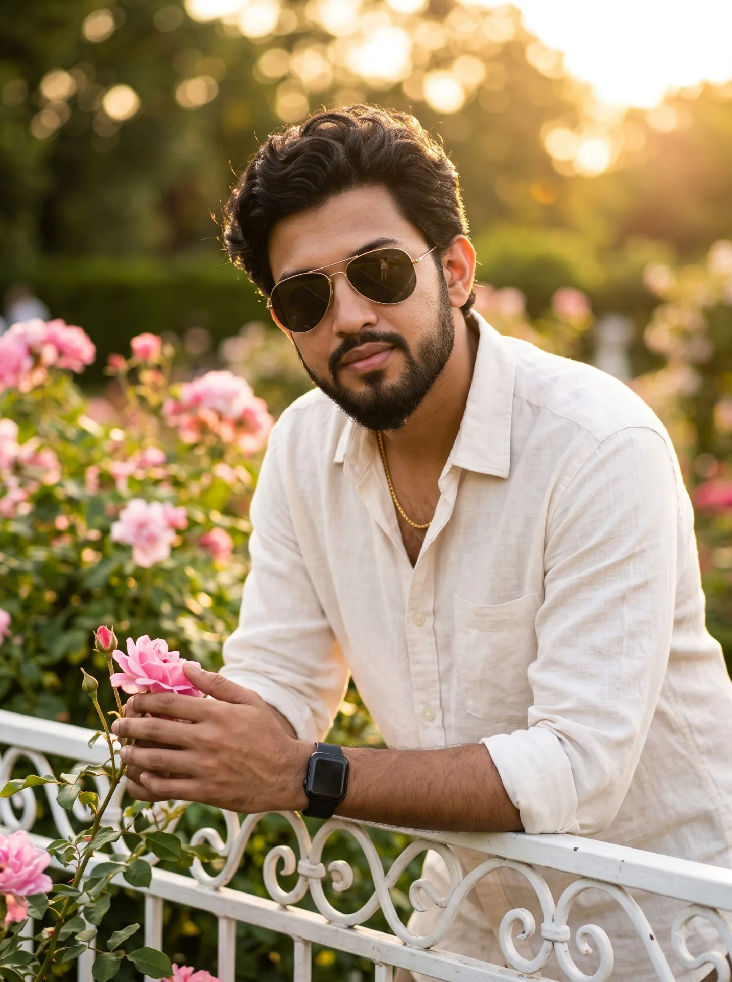 Lush green garden, pink flowers, warm golden-hour sunlight, dreamy bokeh