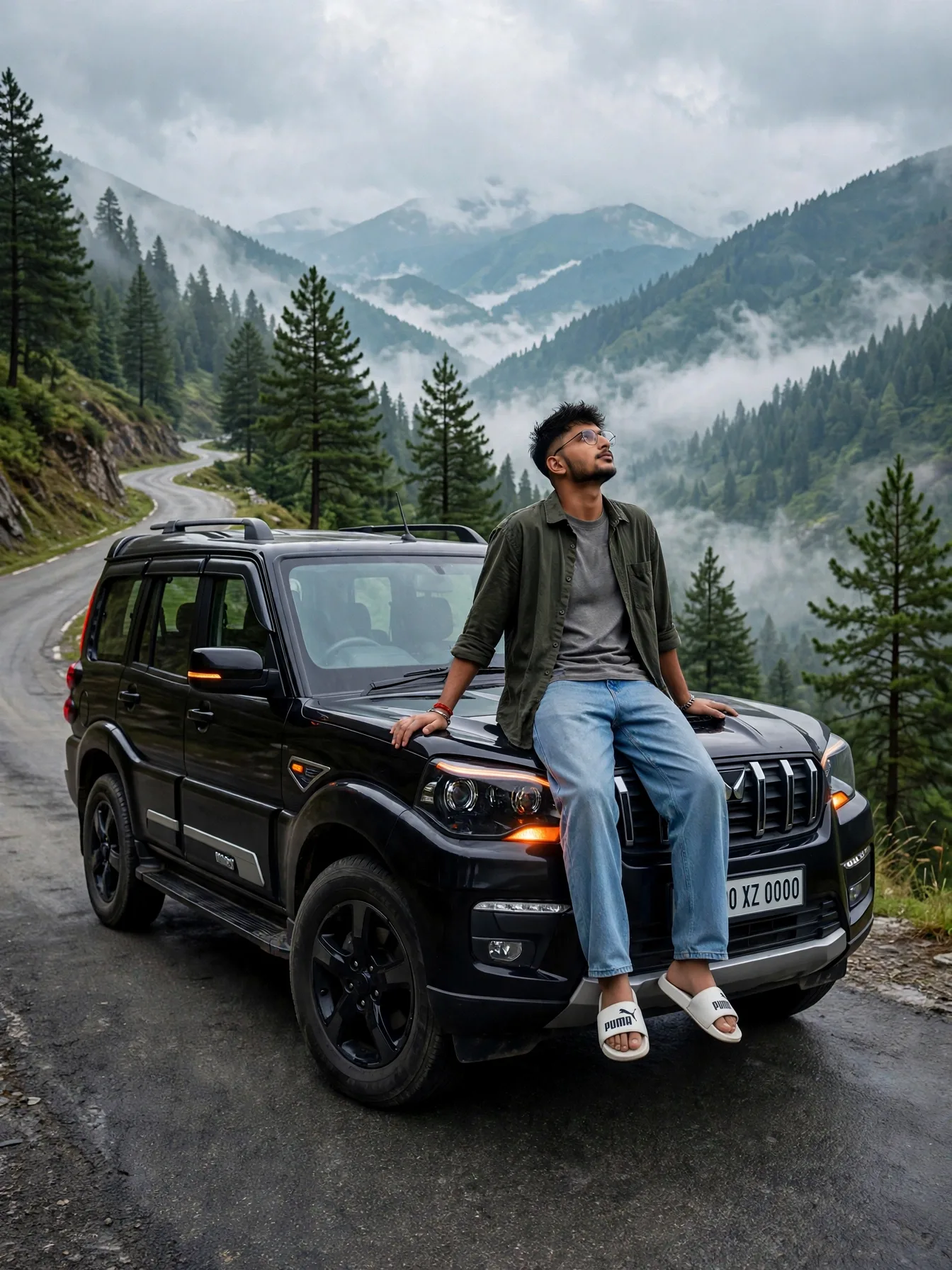 Black Scorpio on Misty Mountain Road - Travel Editorial Portrait