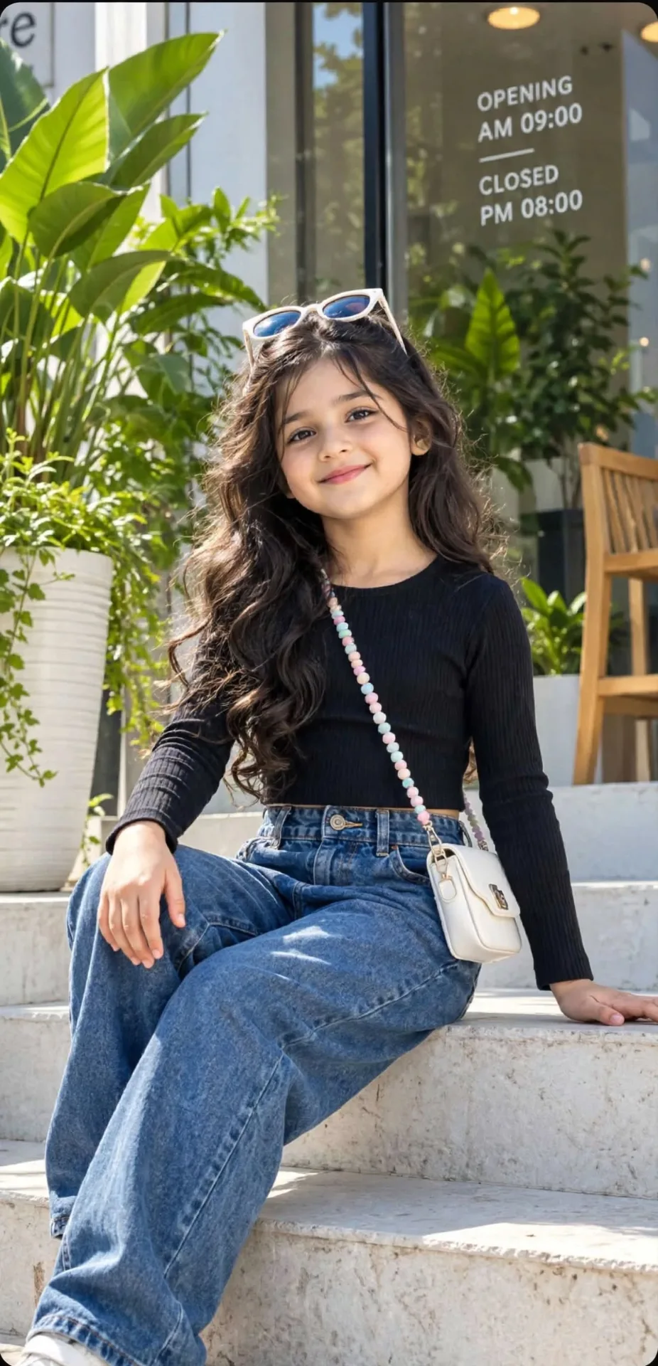 Cute Kids Fashion Portrait, Sunny Day Cafe Look