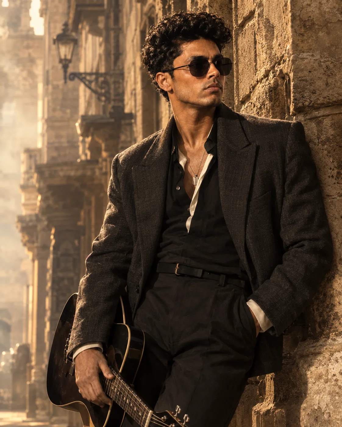 Create a hyper-realistic cinematic portrait of an intense, stylish Man