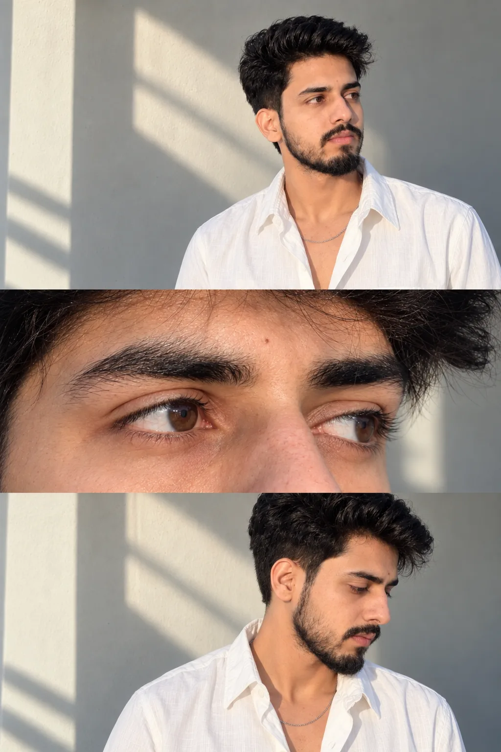 ULTRA-PHOTOREALISTIC 9:16 THREE-PANEL EDITORIAL PORTRAIT COLLAGE