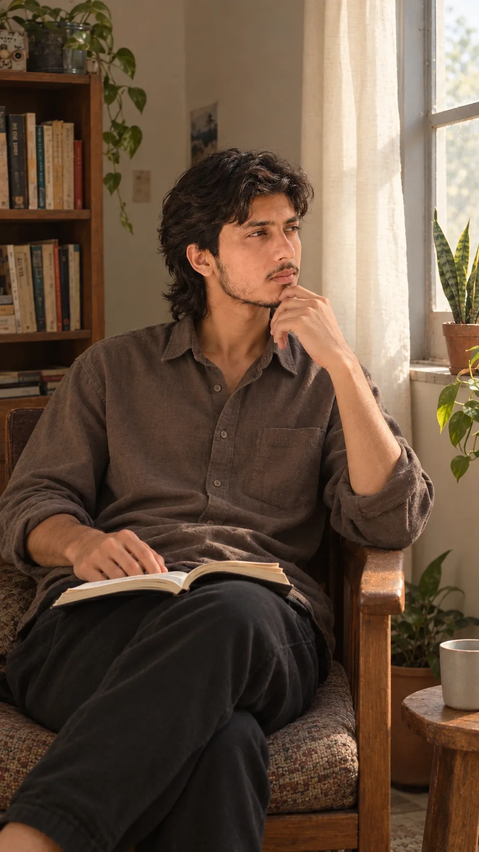 Thoughtful Solitude: Photorealistic Candid Portrait with Exact Likeness