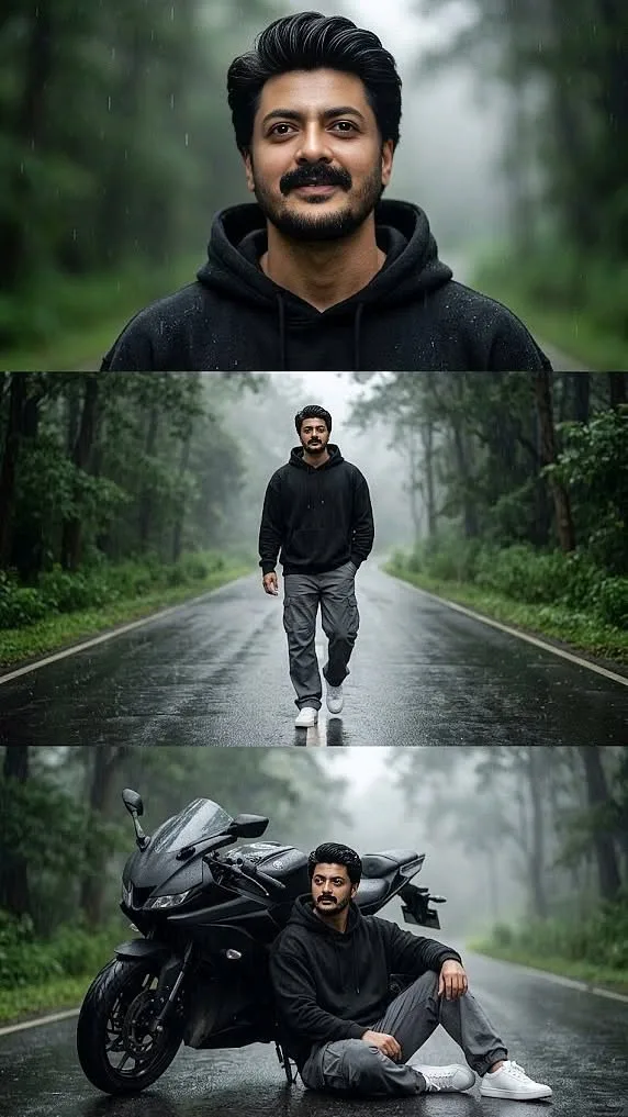Cinematic portrait of a man in a black hoodie on a rainy forest road with a sportbike