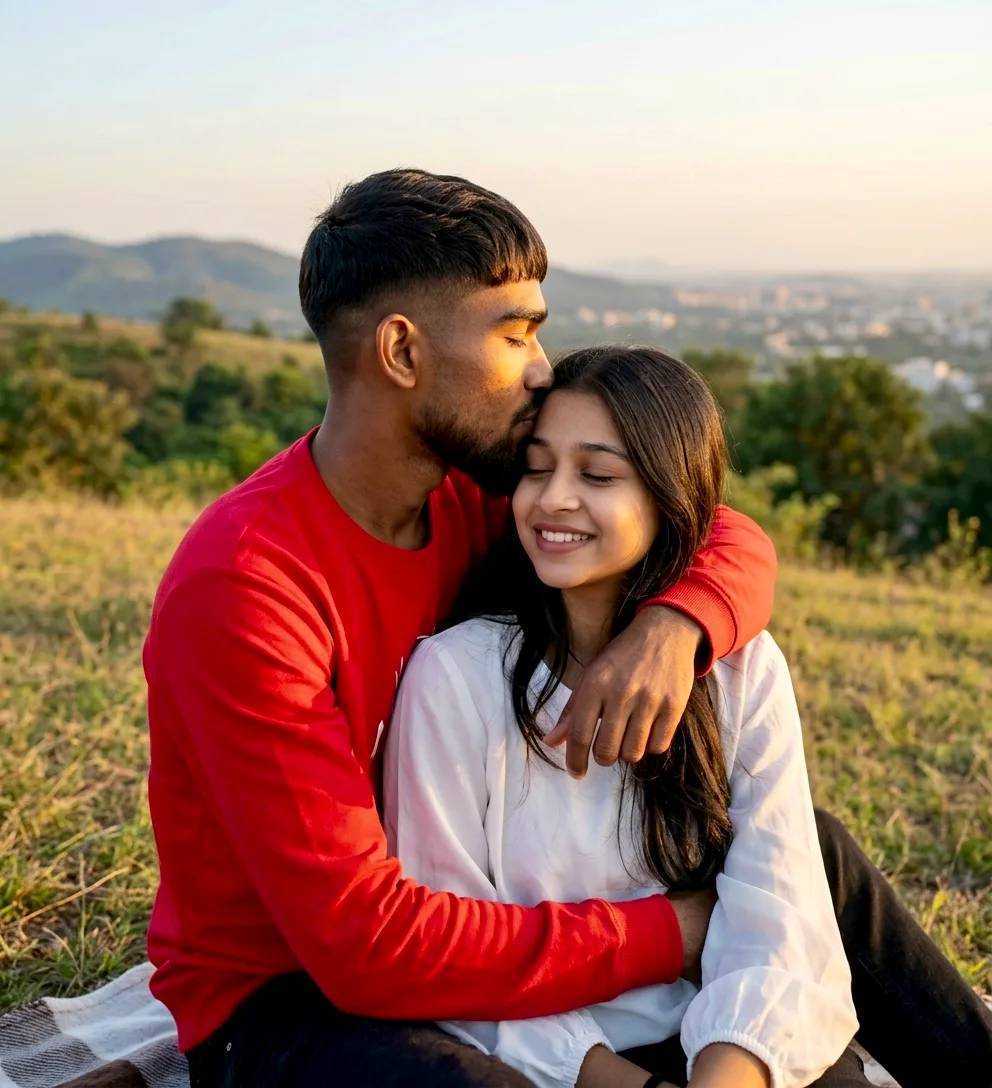 Candid Golden Hour Outdoor Portrait of Young Couple in Park and Overlook