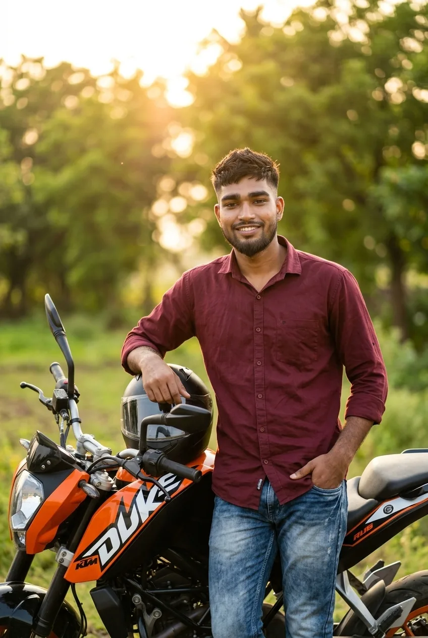 Golden Hour Biker Portrait Leaning on KTM Duke Motorcycle Prompt