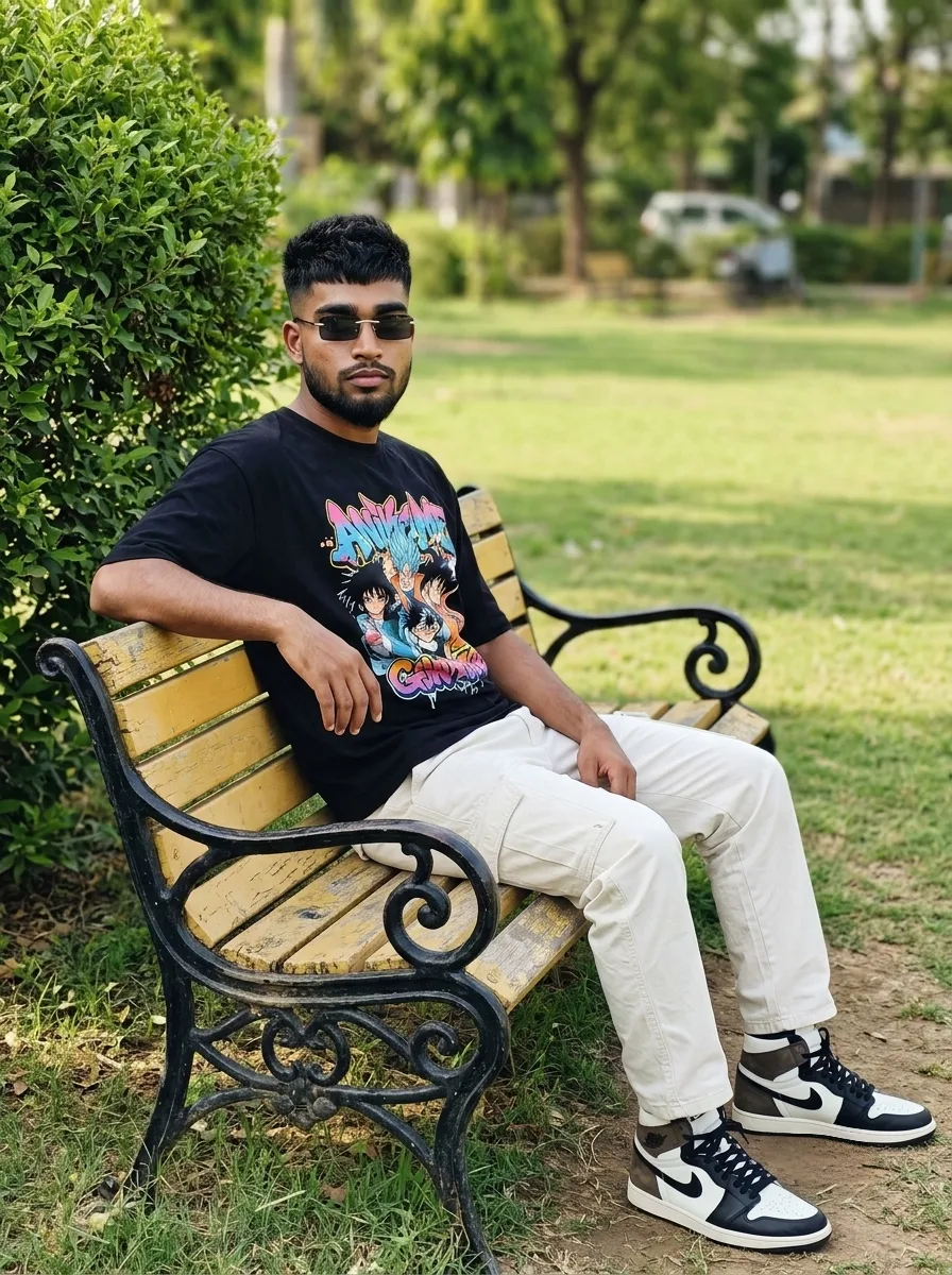 Park Bench Seated Male Portrait in Anime Graphic Tee & High-Top Sneakers Prompt