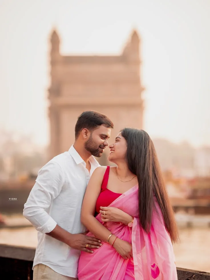 Candid Outdoor Pre-Wedding Portrait of Young Couple at Gateway of India