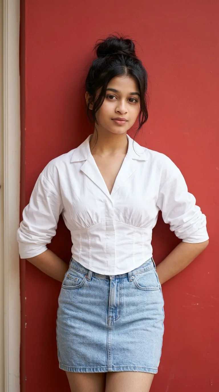 Minimalist Studio Female Portrait in White Corset Shirt & Denim Skirt Prompt