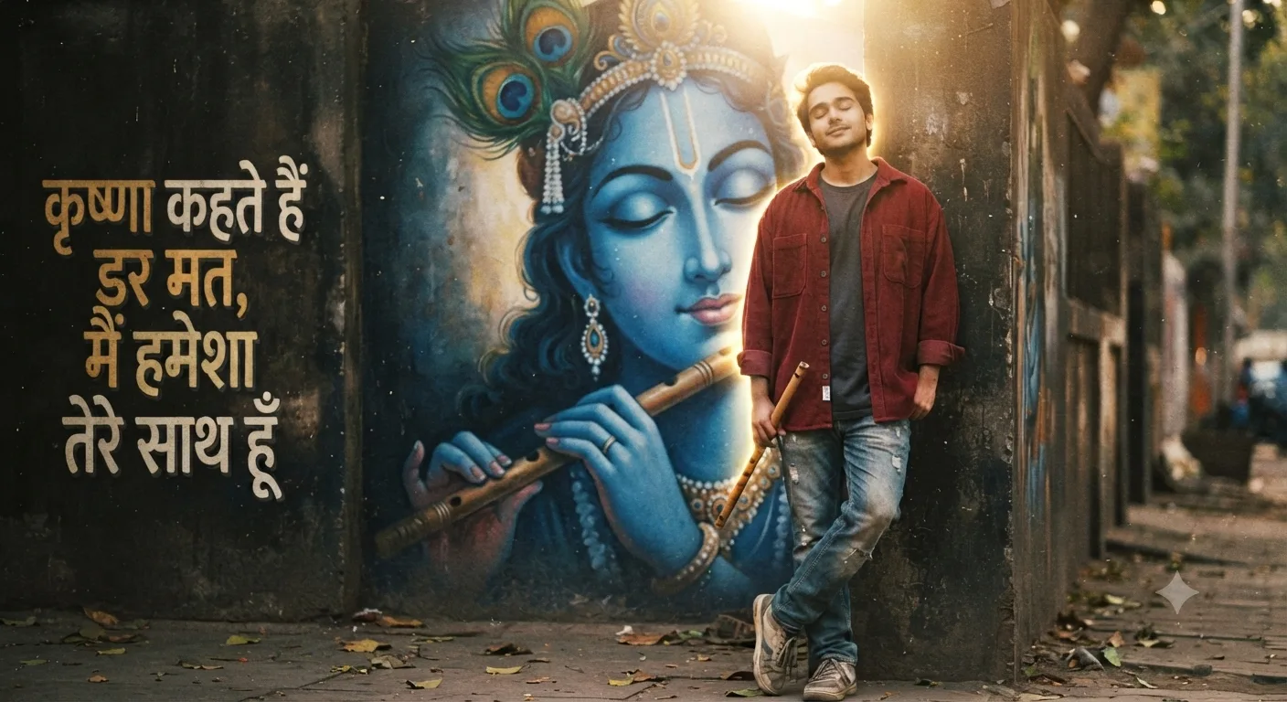 Lord krishna face fluat illuminated by a dramatic