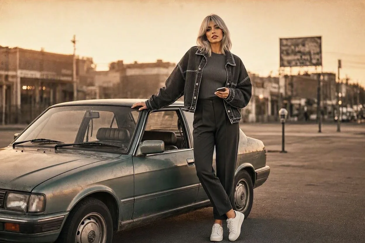 Urban Nostalgia: Modern Oversized Streetwear by a 1990s Retro Sedan